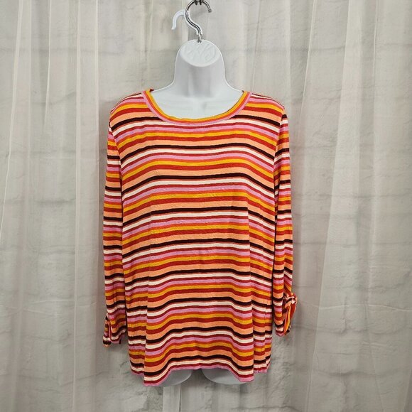 Loft Orange Pink Striped Long Sleeve Tee Colorful Casual M - Picture 1 of 10